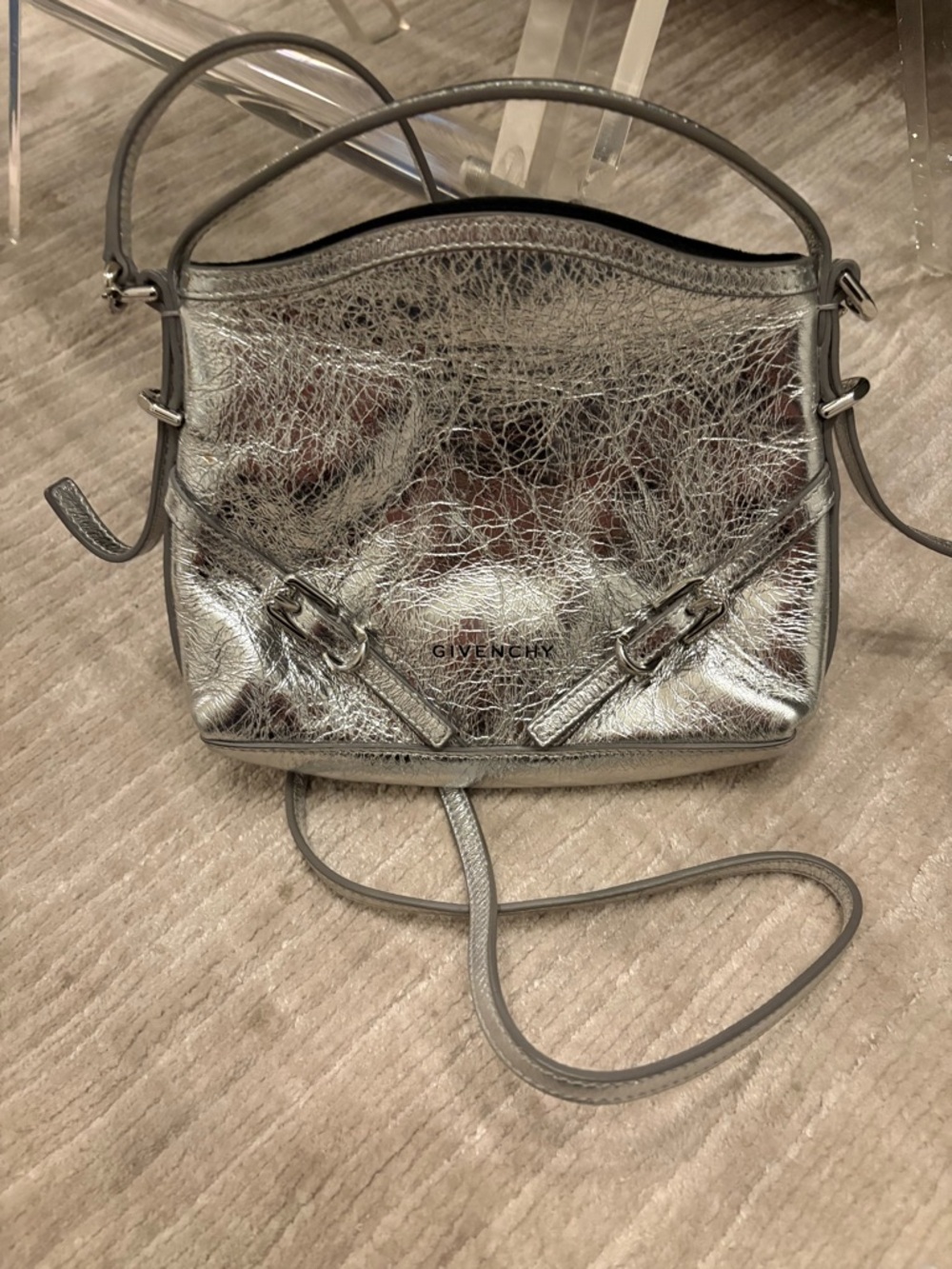Givenchy Pandora Mini Crossbody – Metallic Silver Cracked Leather